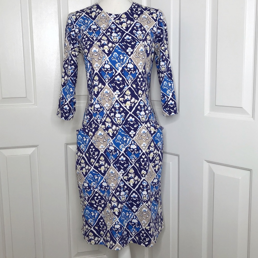 J MCLAUGHLIN Blue Tan 3/4 sleeve dress pockets small